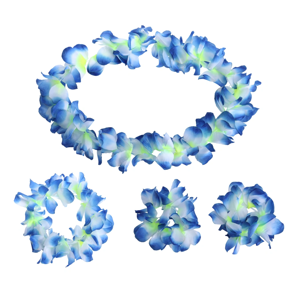 4Pcs/ Set Ruffled Simulated Silk Flower Hawaiian Leis Necklace Bracelets Flower Wreath Headband Floral Garland Crown Women Girls Headwear For Luau Party Supplies Favors (Blue)