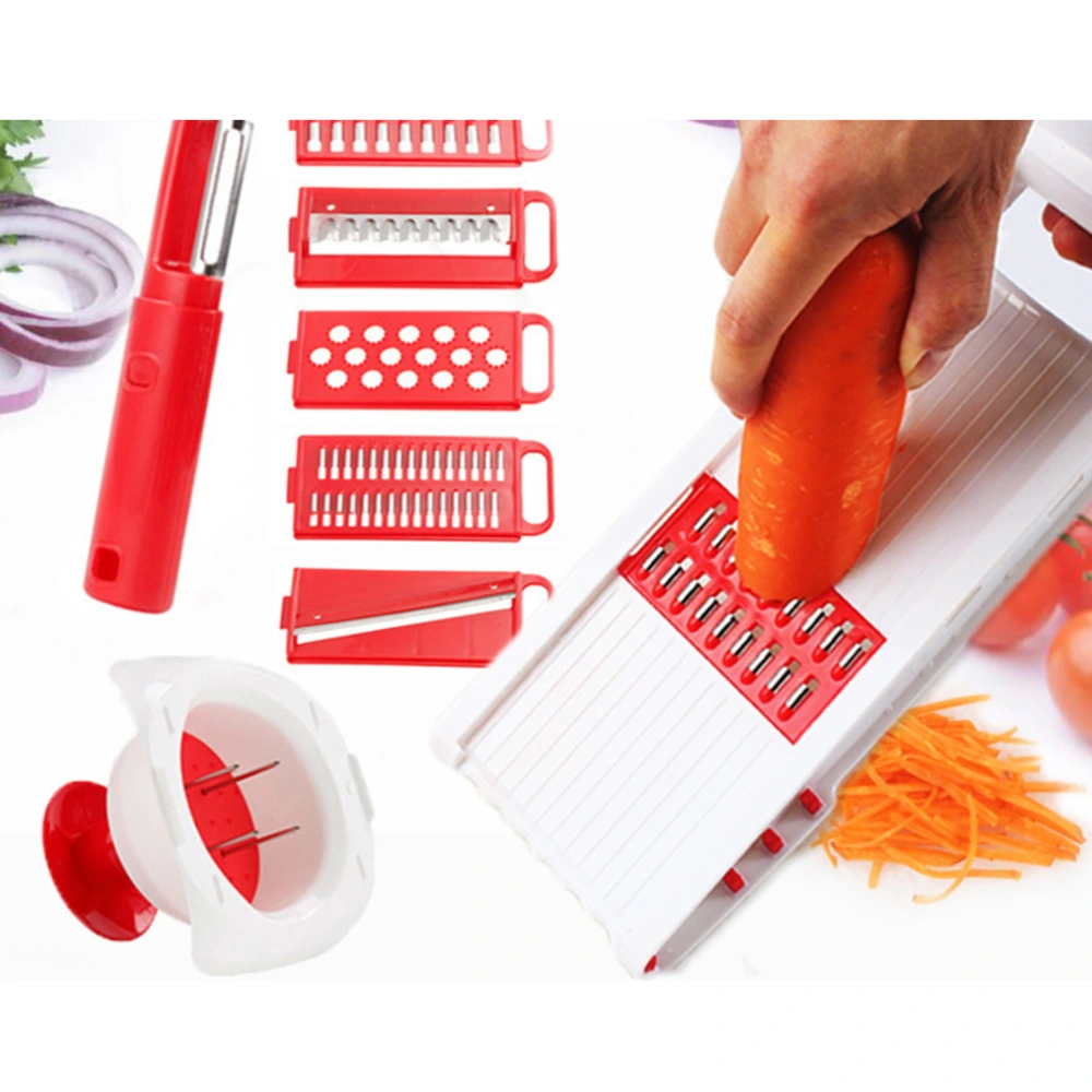 Multi-function Food Slicer Vegetable Chopper Fruit Cheese Cutter with 5 Interchangeable Stainless Steel Blades with Peeler with Hand Protector (Random Color)