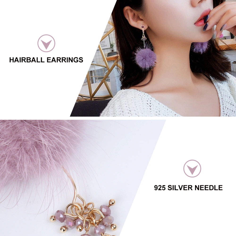 1Pair Long Plush Adorable Earrings Elegant Fuzzy Ball Stylish Eardrop (Purple)