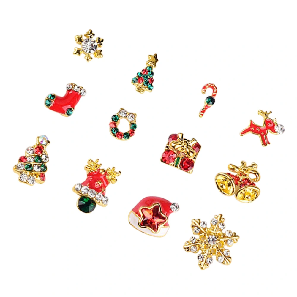 12pcs Christmas 3D Alloy Nail Stickers Rhinestone Inlaid Bling Bling Stickers Decoration (Mixed Style)