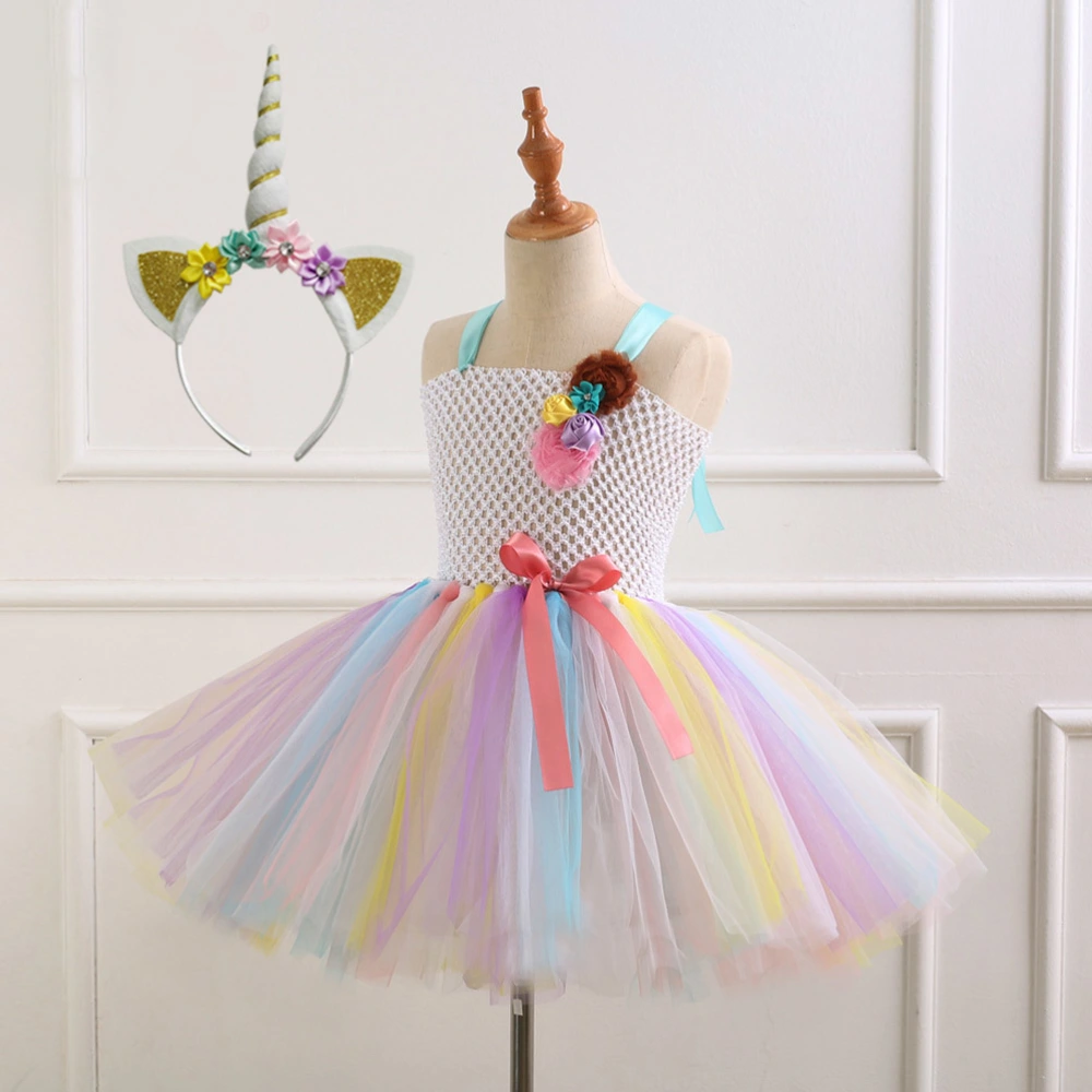 Kids Rainbow Dress Baby Girl Costume Ballet Skirt for Carneval Party Dacing Performance Christmas Unicorn Headwear and Rainbow Dress Set - 6-7Y (Hairband and Dress)(White)