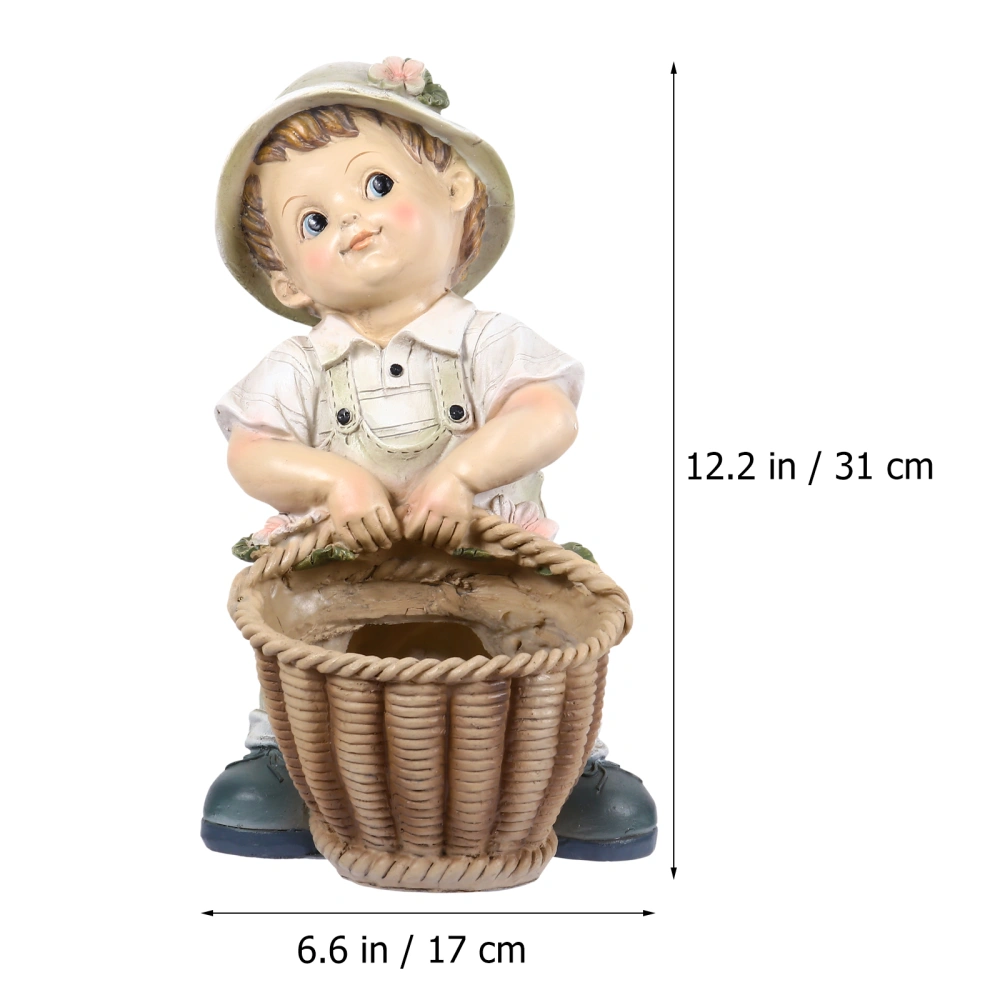 Garden Figure Resin Art Crafts Cartoon Boy Bonsai Decor with Flowerpot