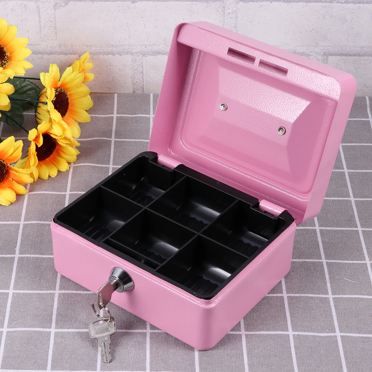 Thicken Cash Box with Lock and Portable Slot Metal Money Box with Double Layer Small Size (Pink)