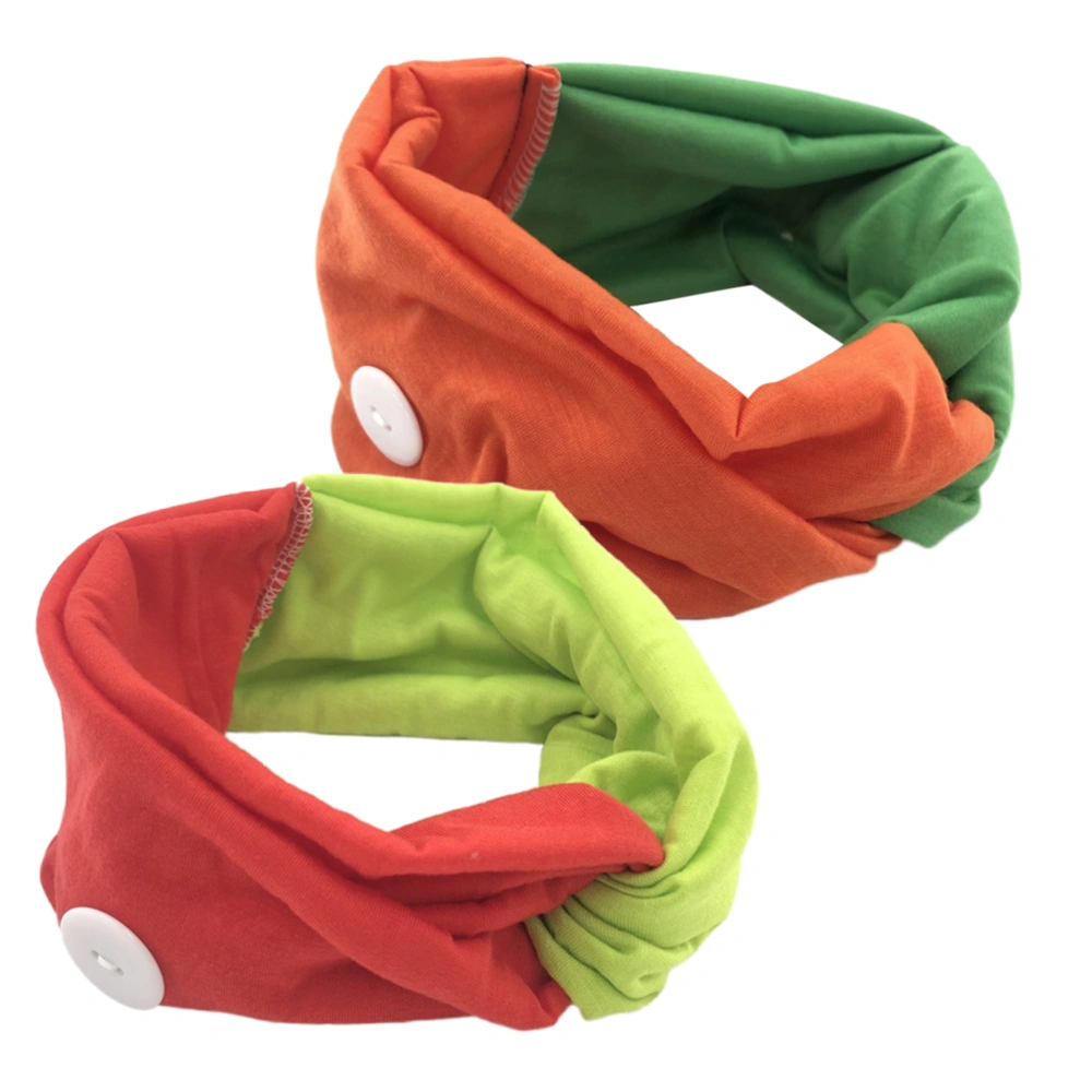 2Pcs Colorful Headband Cross Hair Hoops Wearing Mask Button Elastic Headwrap (Orange and Green, Red and Green)