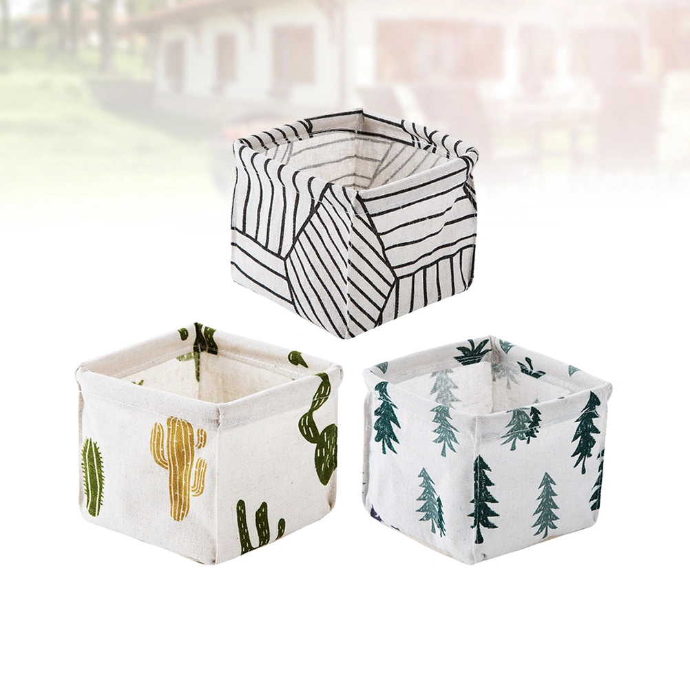 3pcs Cotton and Linen Storage Box Desktop Storage Basket Stationery Cloth Organizer (Rhombus Stripe + Cactus + Pine Each 1pc)