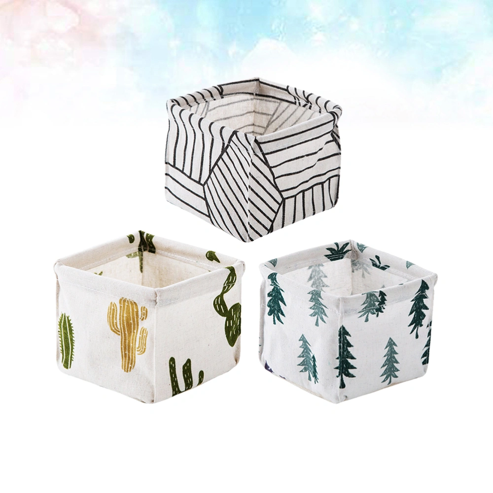 3pcs Cotton and Linen Storage Box Desktop Storage Basket Stationery Cloth Organizer (Rhombus Stripe + Cactus + Pine Each 1pc)