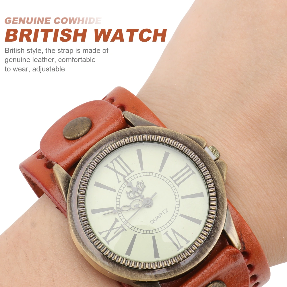 1PC Genuine Cowhide Watch Vintage Roman Literal Wristwatch Stylish Casual Watch Decor Creative Quartz Wrist Watch for Woman Lady Wearing (Orange)