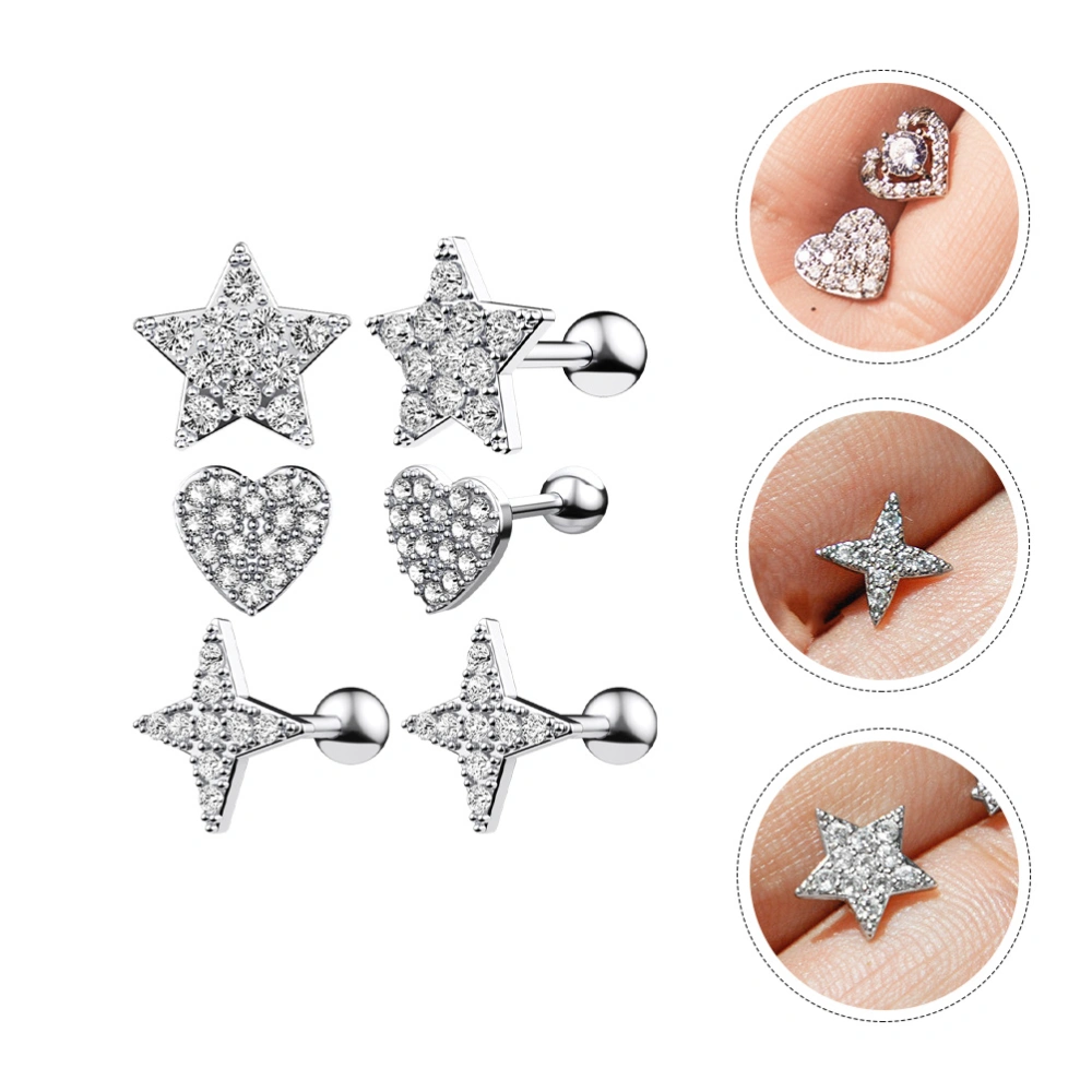 3 Pairs Zircon Ear Bone Nails Stylish Ear Rings Delicate Ear Piercing Jewelries