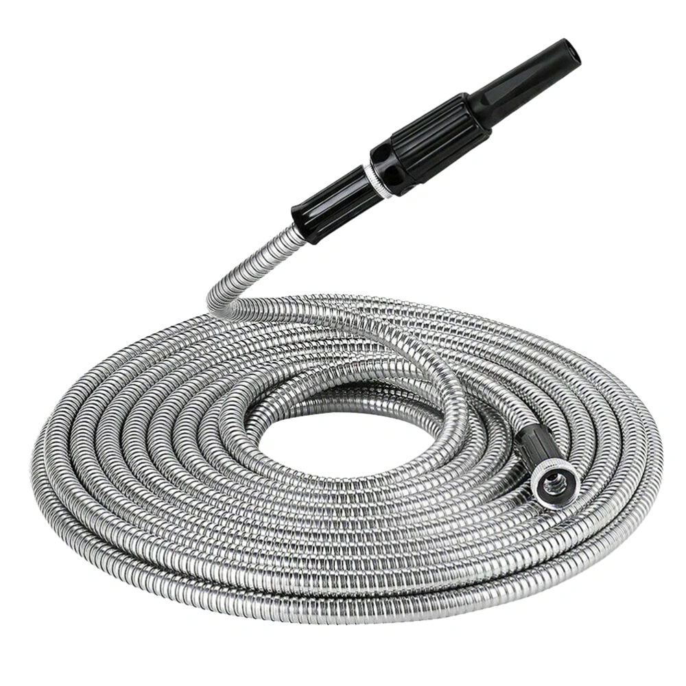 25Ft Stainless Steel Telescopic Garden Hose Watering Hose Garden Water Hose Pipe Free Spray Nozzle Home Silver EU Standard