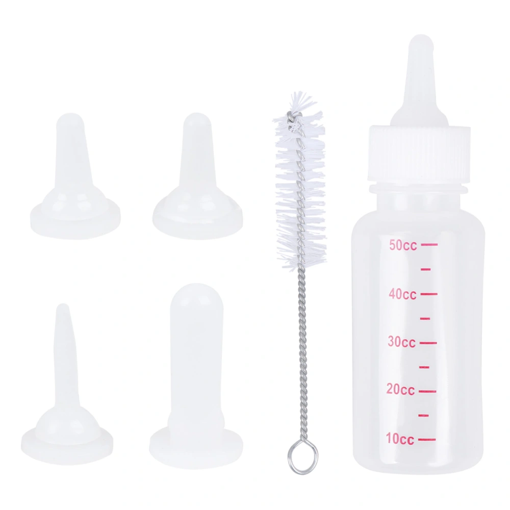 1 Set 50ml Pet Transparent Nursing Bottle Dog Cat Feeding Bottle Milk Feeder Pet Supplies with 4 Pcs Replacement Bottle Mouth and 1 Pc Cleaning Brush (White)