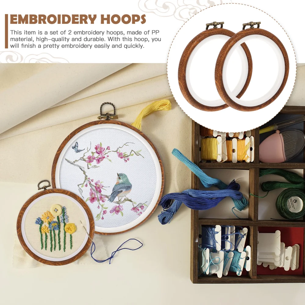 2Pcs Embroidery Hoops Plastic Circles Imitation Wood Cross Stitch Hoops