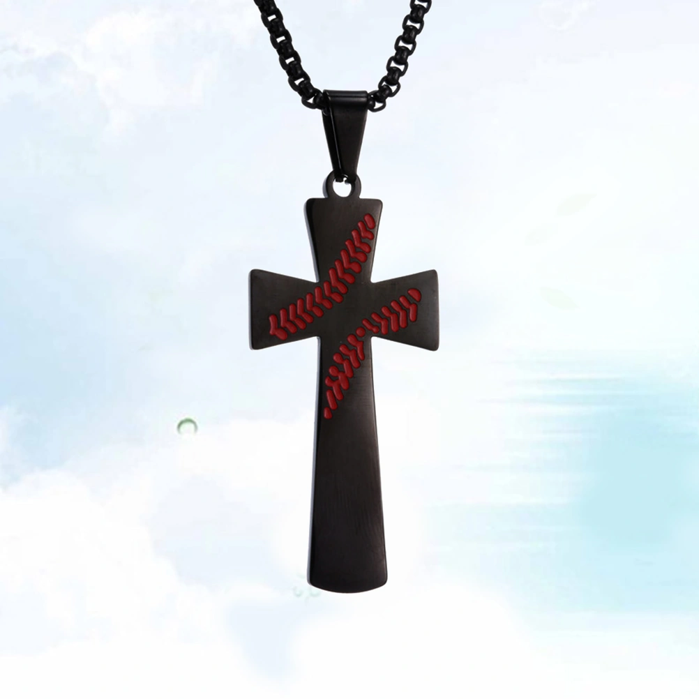 Male Cross Necklace Titanium Steel Pendant Classic Oil Painting Baseball Cross Pendant I CAN DO All Things Chain Strength Bible Verse Stainless Steel Necklace (Black)