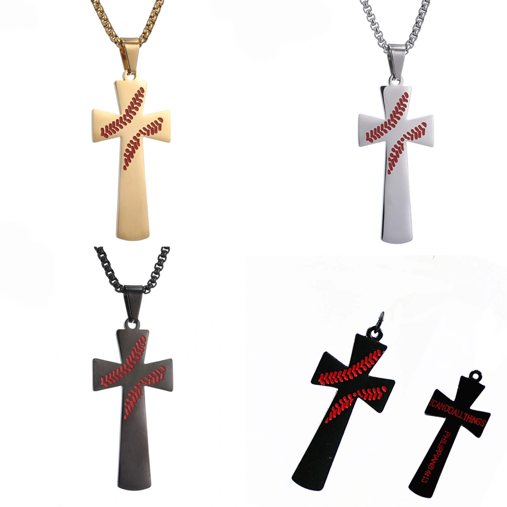 Male Cross Necklace Titanium Steel Pendant Classic Oil Painting Baseball Cross Pendant I CAN DO All Things Chain Strength Bible Verse Stainless Steel Necklace (Black)