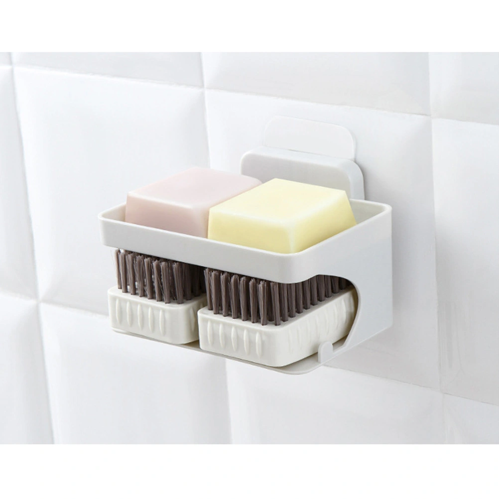 1pc Soap Drainer Box Soap Rack Wall Mounted Double Layer Non Trace Viscose for Bathroom Kitchen (Grey）