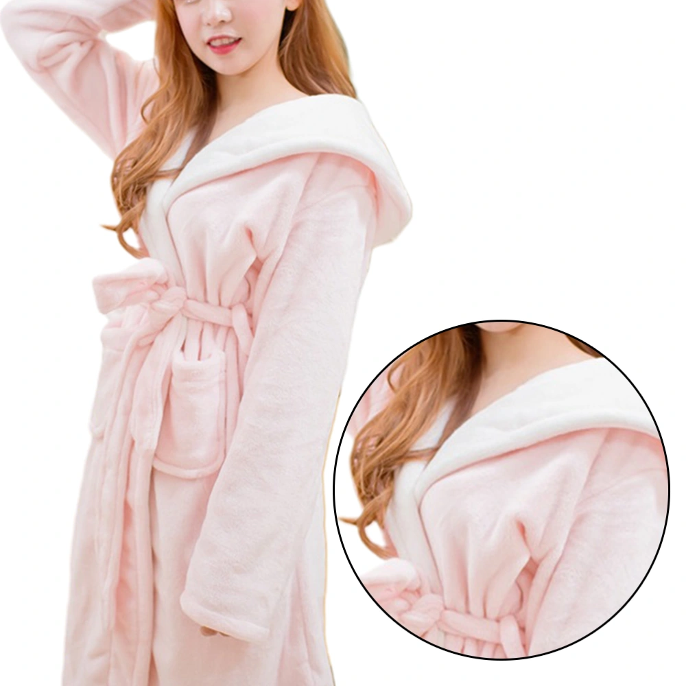 Rabbit Ear Hood Bathrobe Winter Hooded Bathrobe Flannel Bathrobe Thicken Coral Bathrobe (Pink M)