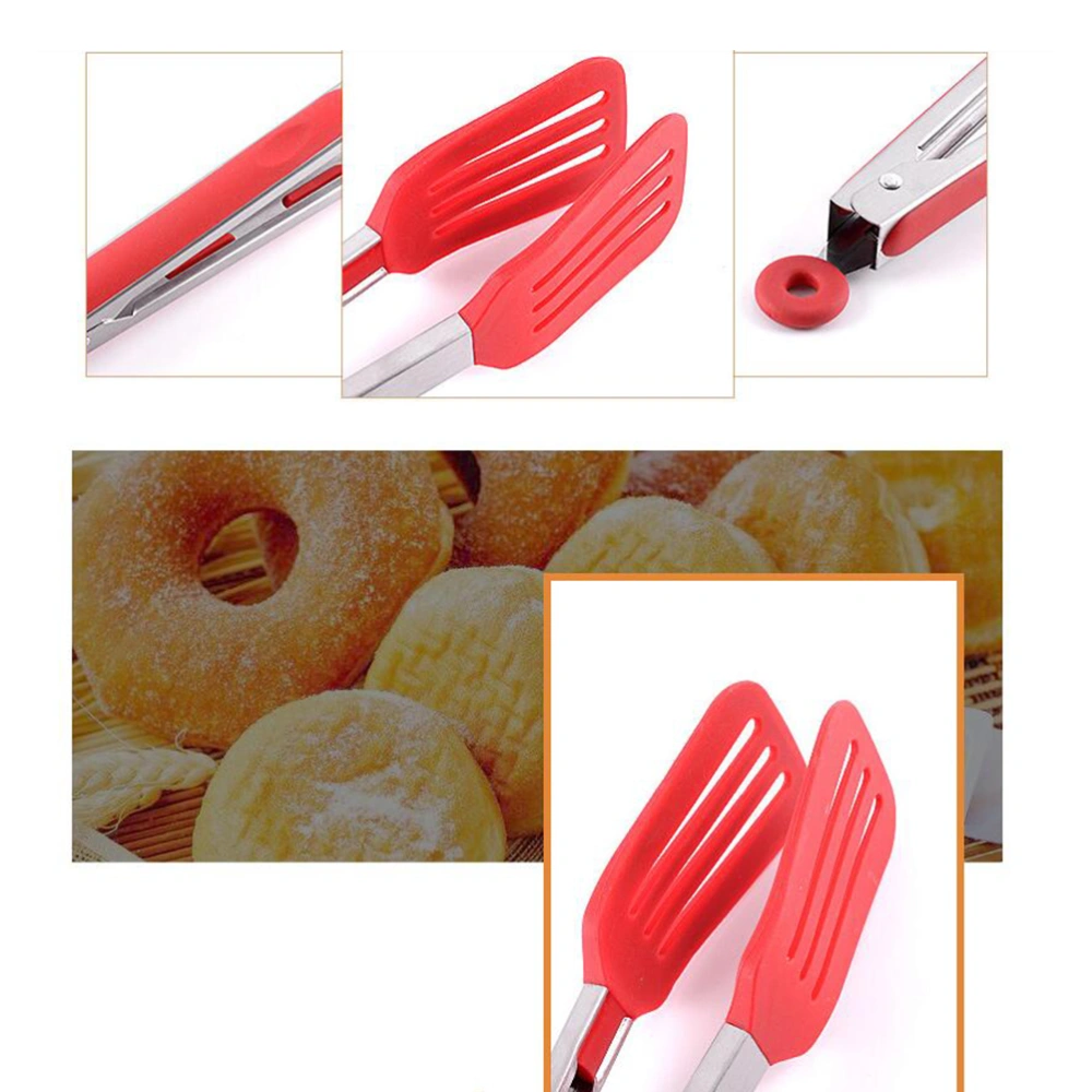 1PC Silicone Food Clips Anti-slip Handle Food Clamp Heat-resistant Grill Leakage Shovel Clip Sturdy Steak Pork Chops Clips Multi-purpose BBQ Grill Tongs for BBQ Kitchen (Red+Silver Size 14 Inches)