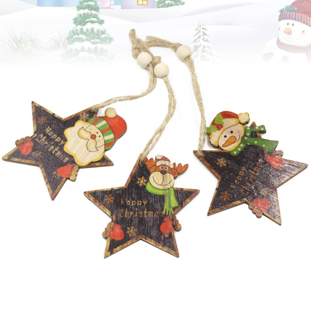 3pcs Wooden Chistmas Star Hanging Decor Color Printing Star Pendants Cartoon Crafts Gift Wrapping Pendant for Home Party Bar Hotel