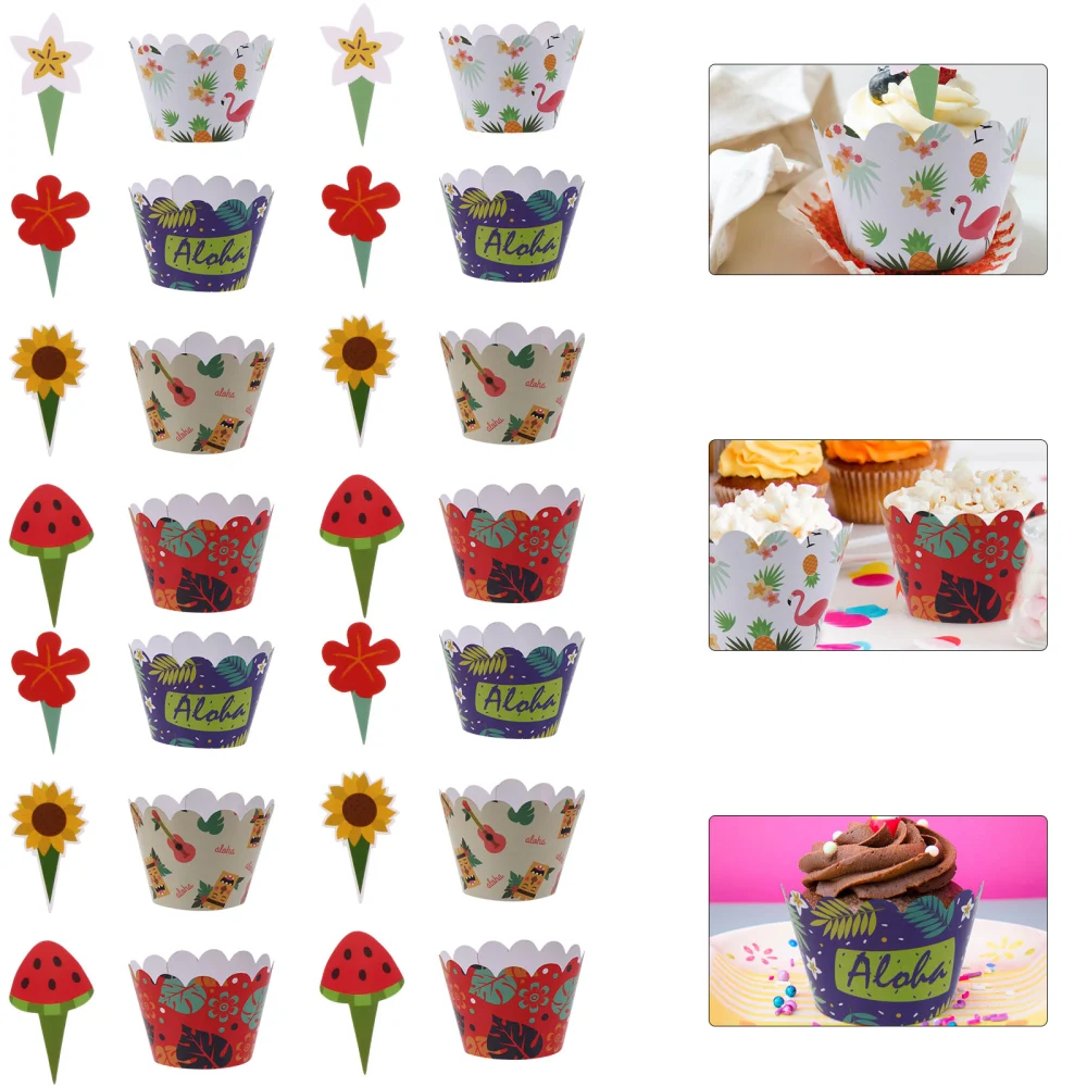 24 Sets Colorful Paper Cake Toppers Wrappers Cupcake Containers Party Supplies