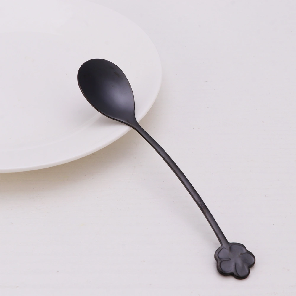 Stainless Steel Coffee Spoon Chic Dessert Spoon Unique Four-leaf Clover Spoon Tableware Scoop for Home Restaurant (Black)