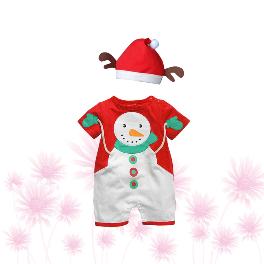 Christmas Baby Jumpsuit Short Sleeve Baby Outfit Snowman Design Romper Costume Toddler Clothes with Hat Suitable for Within 72CM Tall