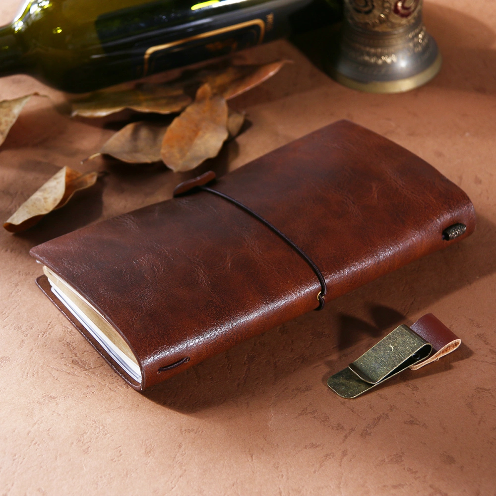 Retro Vintage Notebook Journal Diary Leather Pocket Notepad with Clips and Carton (Coffee)