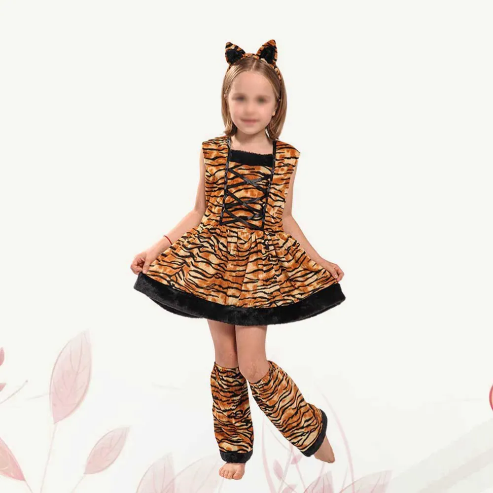 1 Set of Kids Tiger Cosplay Costume Kids Stage Performance Clothes Girls Role Play Costume Size S Brown