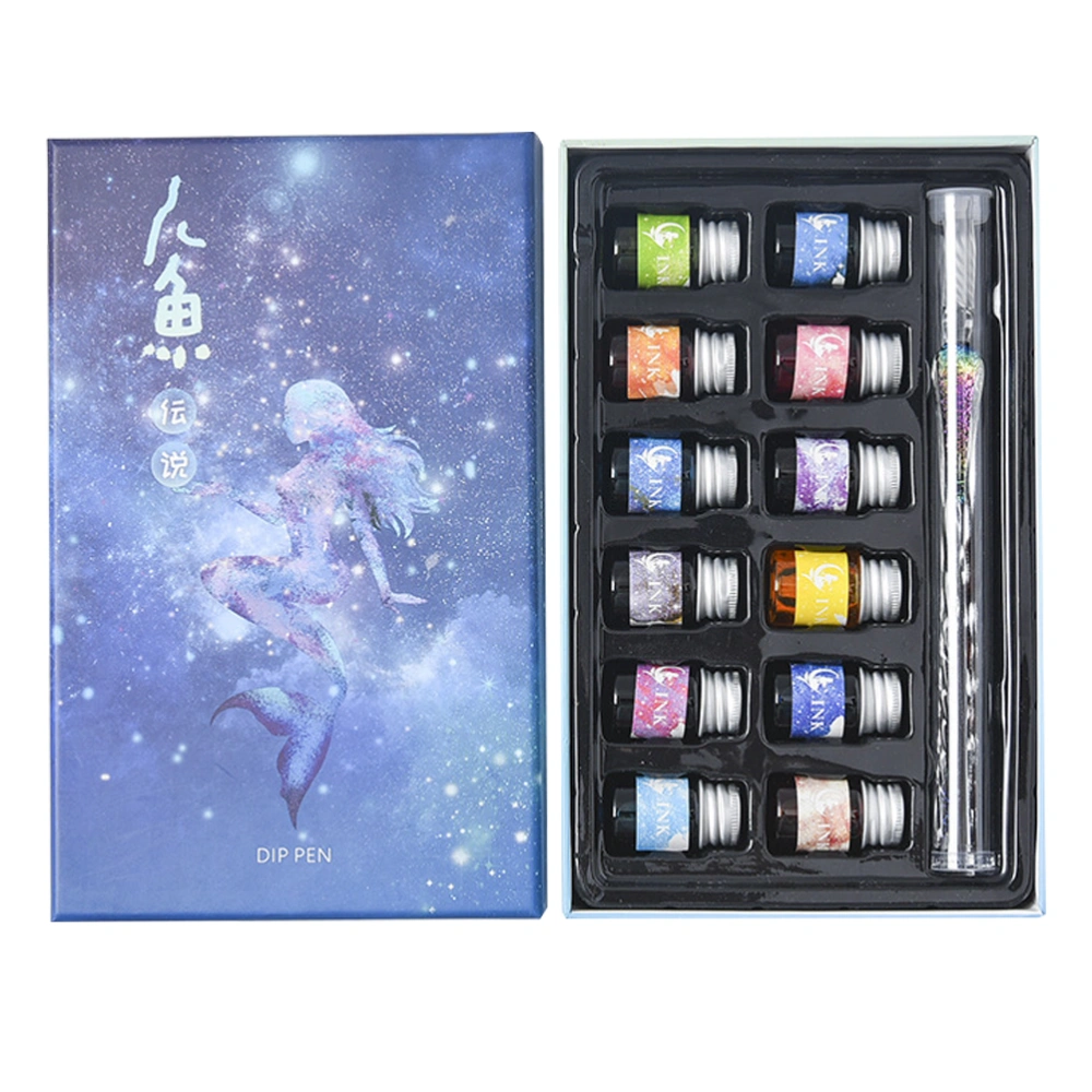 13Pcs Mermaid Pattern Star Glass Pen Ink Set Student with Transparent Enamel Pen Gift Box Handmade Crystal Fountain Pen Ink Office Art Supplies (1 Pc Ink+12PcsPens)Supplies (1 Pc Ink+12PcsPens)