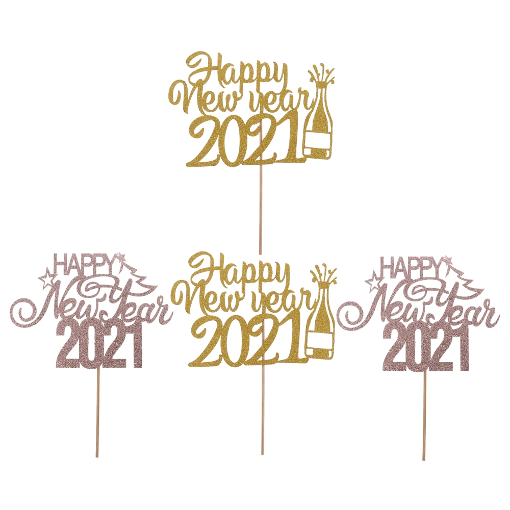 4pcs Happy New Year Cake Topper Rose Golden Glitter Cake Inserted Party Supplies