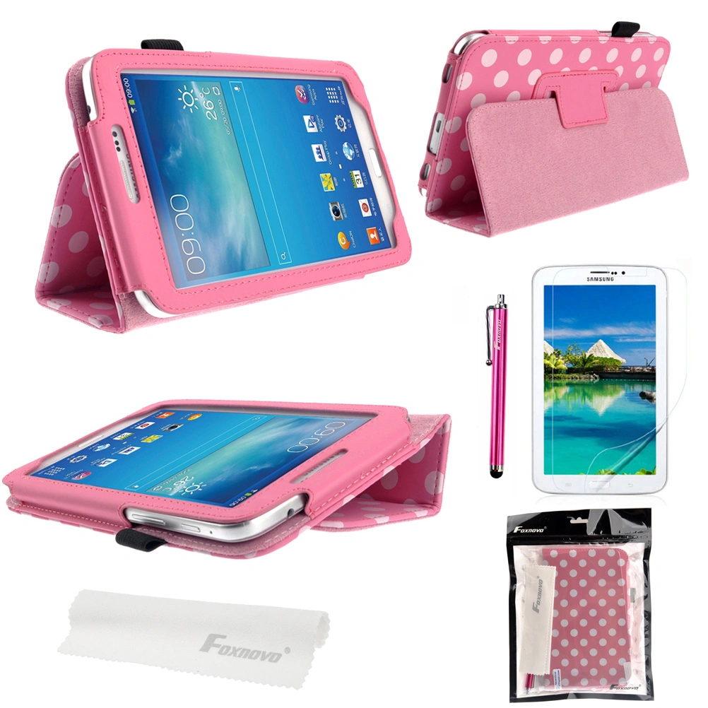 4-in-1 Dots PU Case & Stylus Pen & Screen Guard & Cloth Set for Galaxy Tab 3 7.0 P3200/P3210/T210/T211 (Pink)