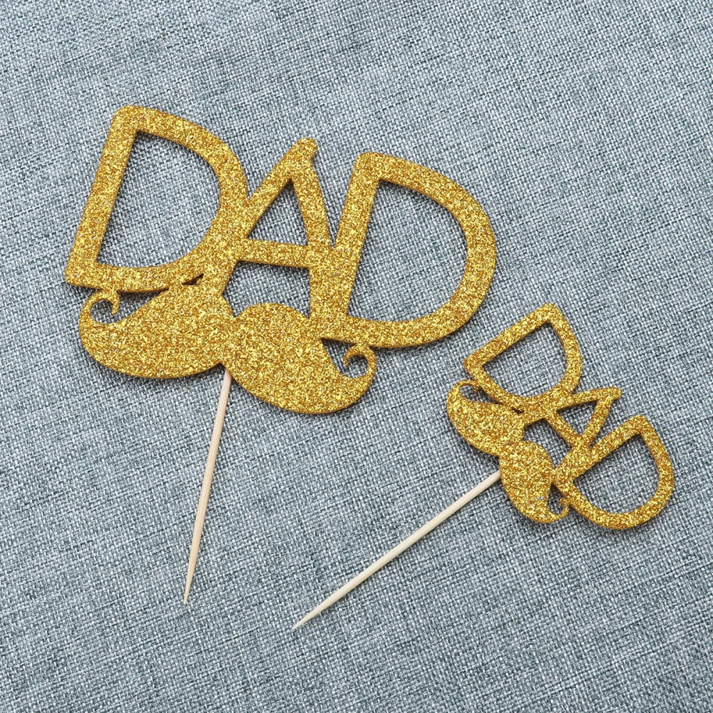 2pcs Dad Cupcak Topper Decorative Beard Cake Picks Sign for Father's Day Birthday Cake Decoration (Gold/ 1*L Size + 1*S Size)