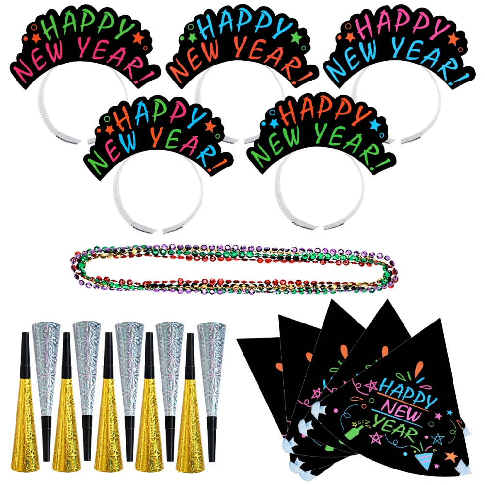 Amosfun New Year’s Party Decor Kit 10pcs Horns 5pcs Headband 5pcs Hats 5pcs Necklaces