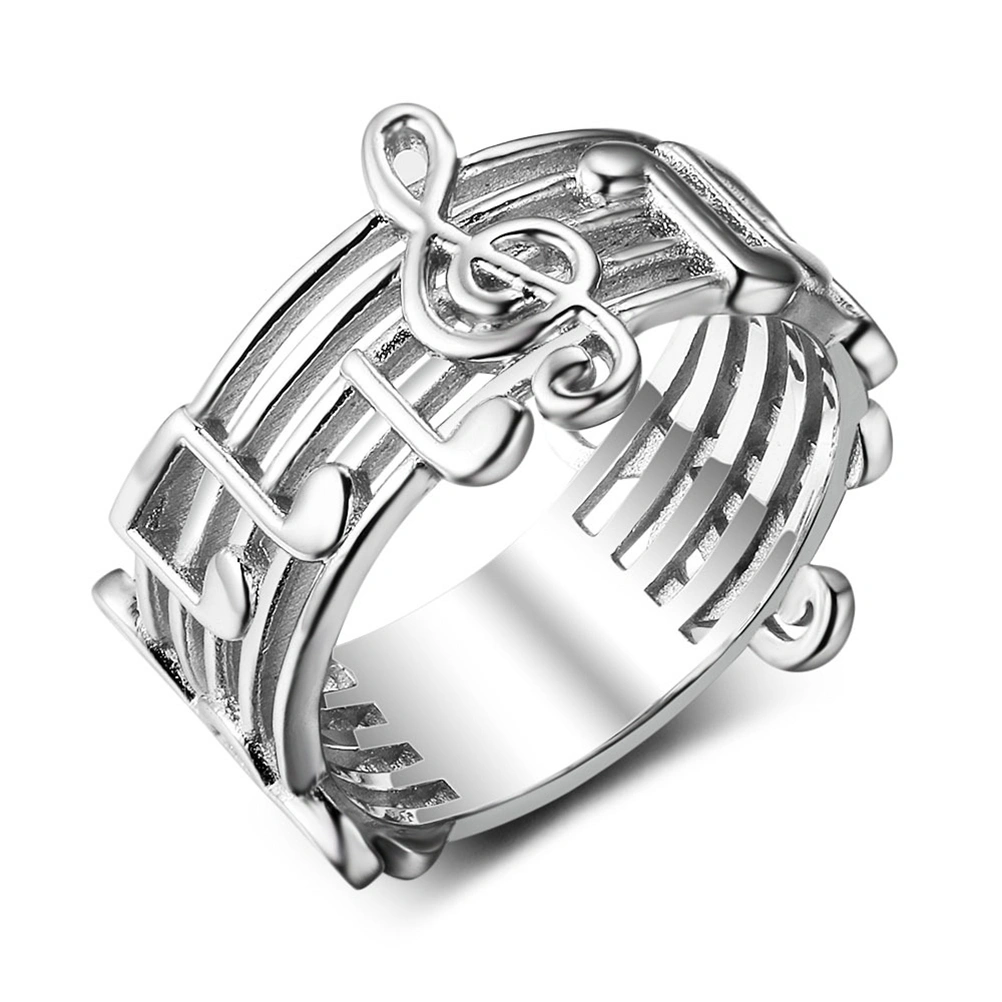 Platinum Plated Diamante Euryprosopic Rings Musical Note Pattern Rings for Music Lover Trendy Literature and Art for Women (Inner Diameter 16MM)