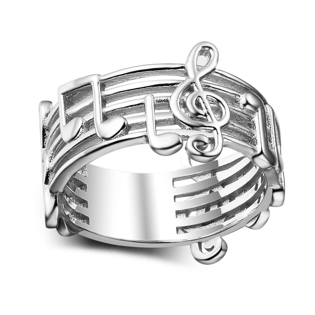 Platinum Plated Diamante Euryprosopic Rings Musical Note Pattern Rings for Music Lover Trendy Literature and Art for Women (Inner Diameter 16MM)