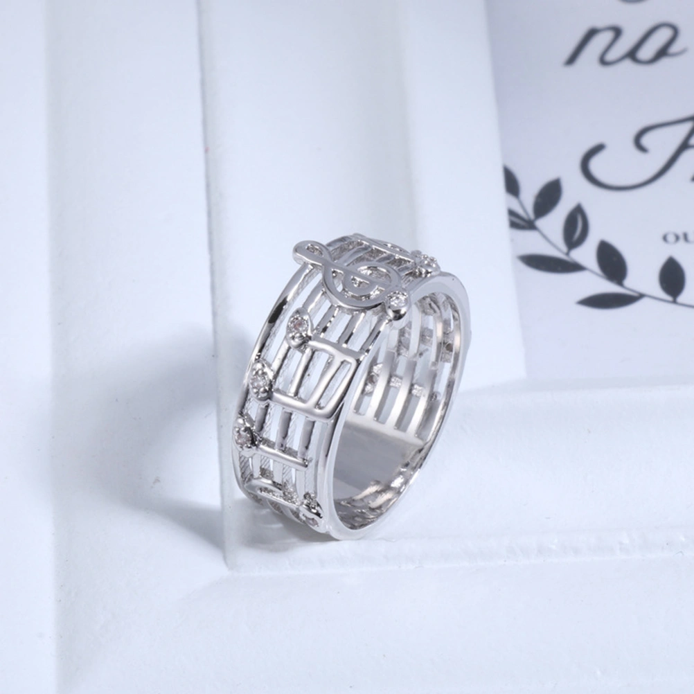 Platinum Plated Diamante Euryprosopic Rings Musical Note Pattern Rings for Music Lover Trendy Literature and Art for Women (Inner Diameter 16MM)