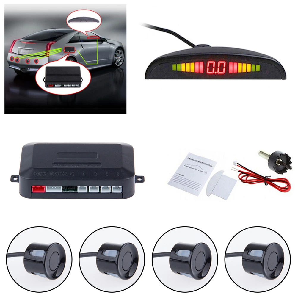 Car Auto LED Parking Sensor With 4 Sensors Parktronic Reverse From Backup Car Parking Detector Monitor Display Lighting System (Black)