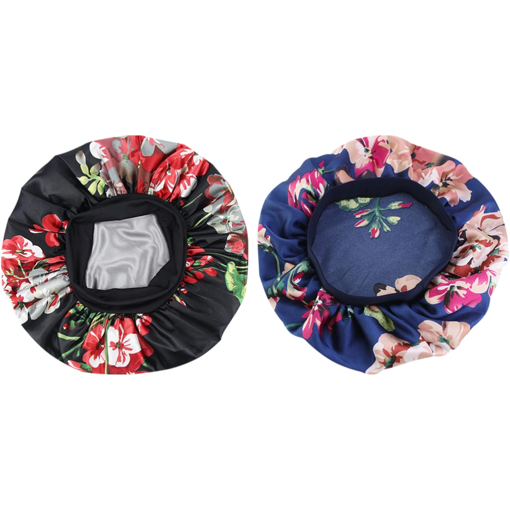 2pcs Satin Sleeping Hat Printed Hair Protective Nightcap Wide-brimmed Bonnet