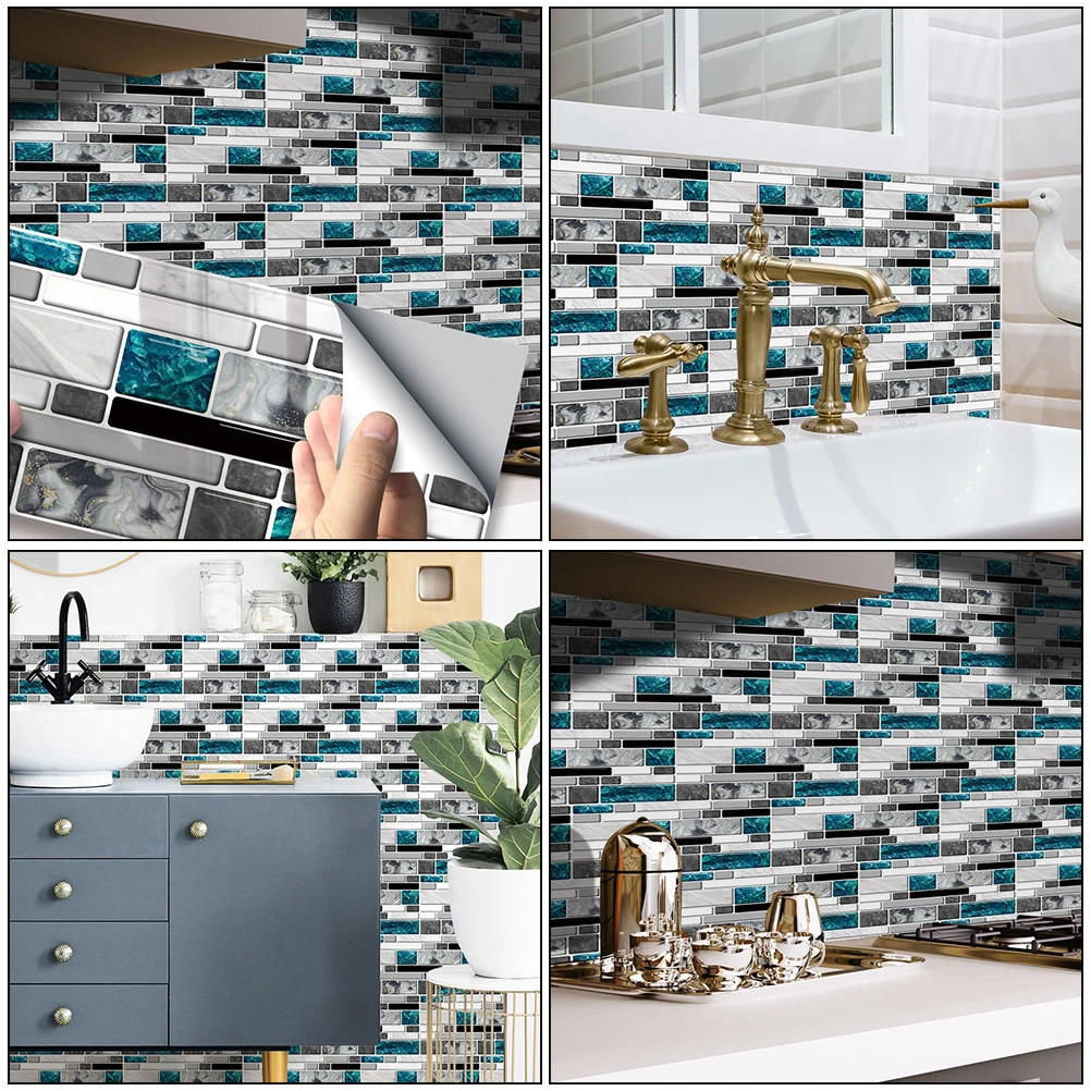 9pcs Blue Tile Paste Simulate Tile Sticker Retro Sticker Marble Wall Decor
