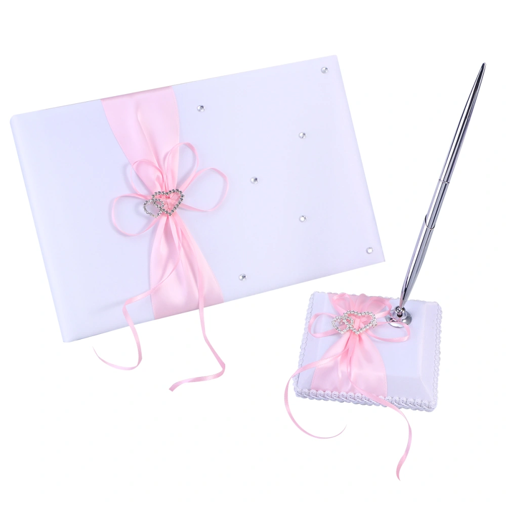 Weddings Decor Guest Attendance Book with Pen and Pen Stand Sets Satin Bows Signature Book for Party Decorations (Pink)