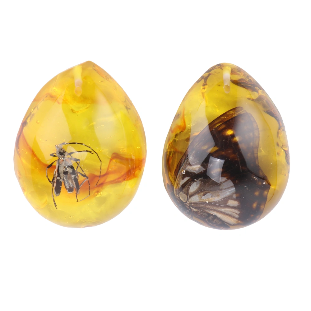 2pcs Amber Fossil with Insects Samples Stones Crystal Specimens Home Decorations Collection Oval Pendant (Random Pattern)