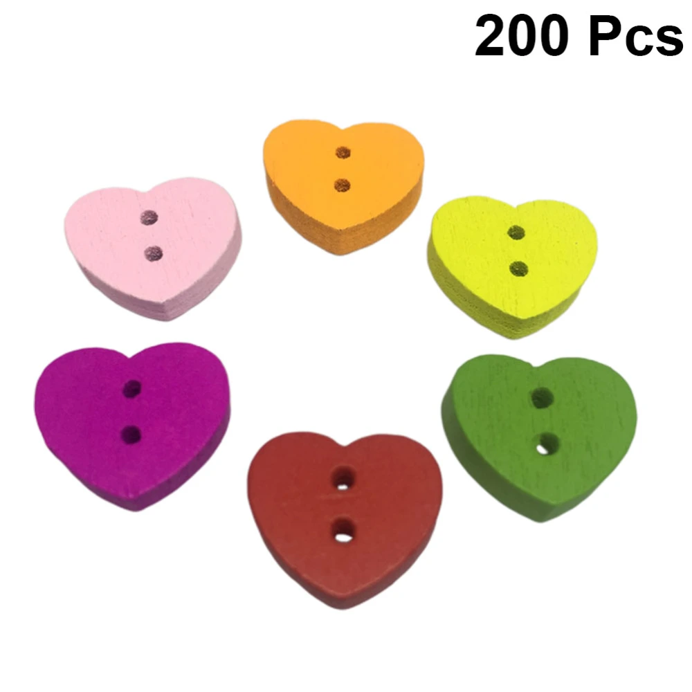 200 Pcs Wooden Buttons DIY Colorful Heart Wood Clasp Craft Scrapbooking Material Sewing Clothing Accessories (Mixing Color)