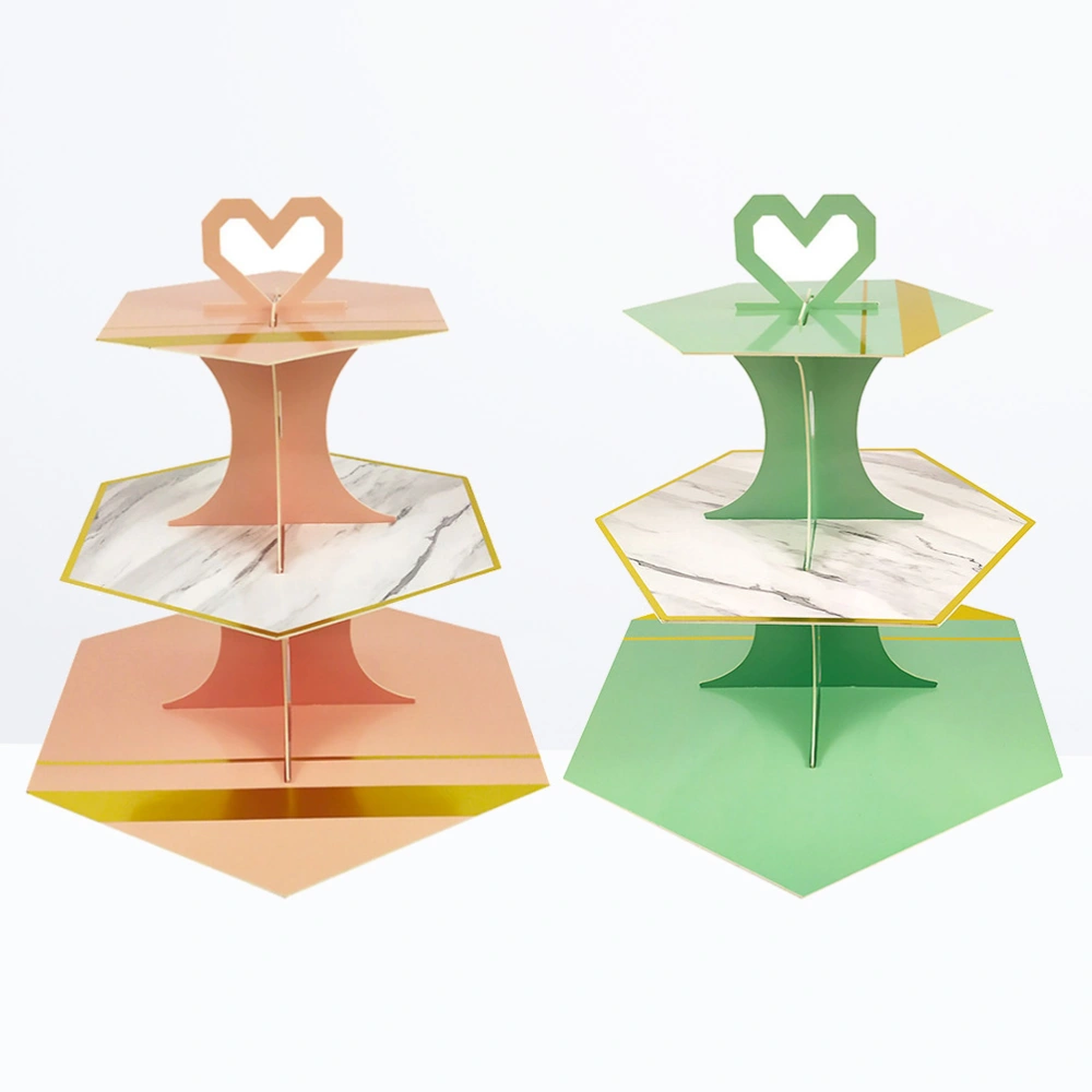 2pcs Gold Foil Paper Cake Stands 3-Tier Disposable Cupcake Storage Rack Hexagonal Cake Display Holder (Pink+Green)