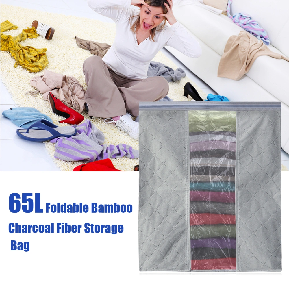 65L Foldable Bamboo Charcoal Fiber Zippered 3-Layer Clothes Blanket Storage Bag Organizer Box (Grey)