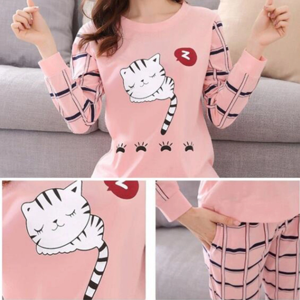 2PCS Women Tracksuit Cartoon Cat Pattern Round Neck Long Sleeve Pajamas Set Autumn Nightwear Cotton Loungewear Homewear Suit Size L