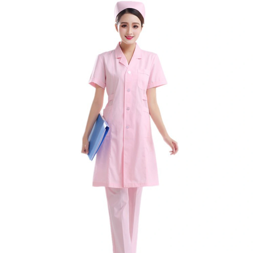 Pink Short Sleeve Uniform Beautician Nursing White Coat Cotton Hospital Apparel Clothes V Neck Labour Suit Fashion Costume Pharmacy Coat Without Hat and Pant - Size M