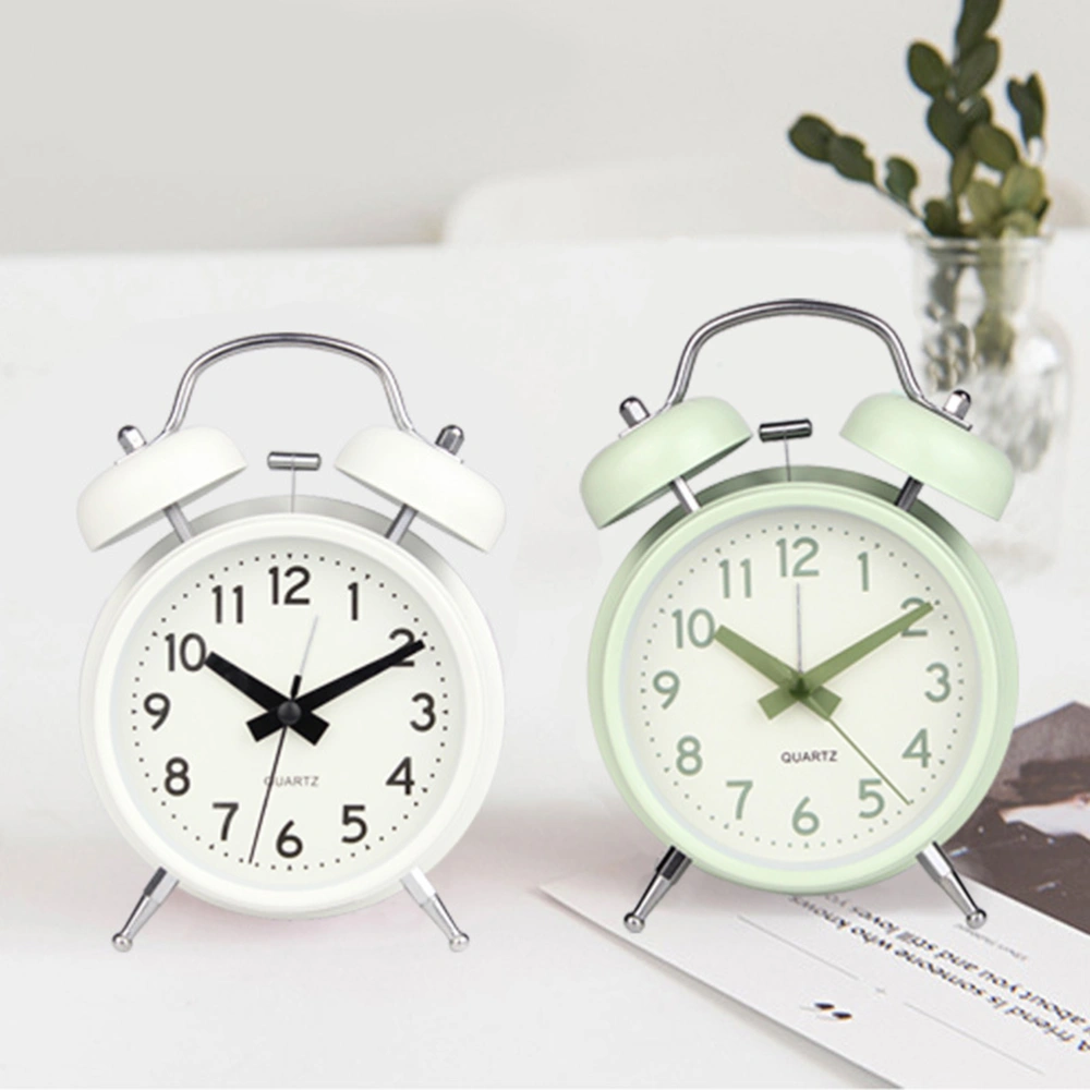 4 Inch Creative Metal Small Alarm Clock Desktop Round Ring Bell Clock Night Light Kids Alarm Clock Without Battery (Light Cyan)