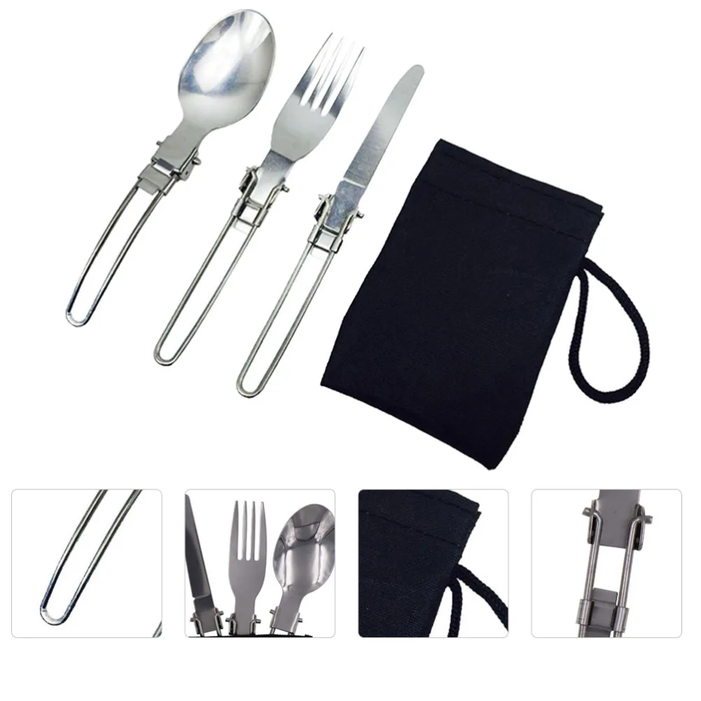 2 Sets Portable Folding Picnic Knives Forks Spoons Set Stainless Steel Tableware