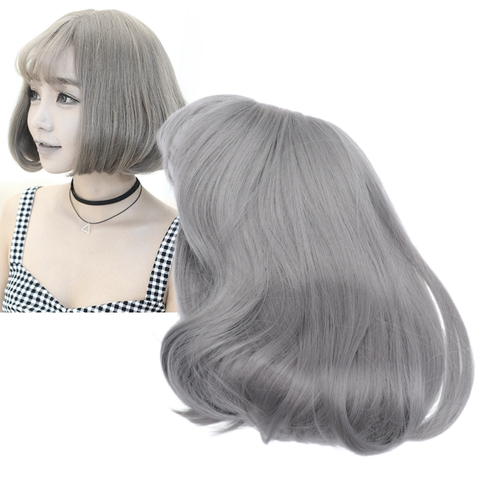 1Pc Women Bob Hair Wigs with Tilted Frisette Synthetic Wig Cover Fashion Hairdressing Tools(Grey)