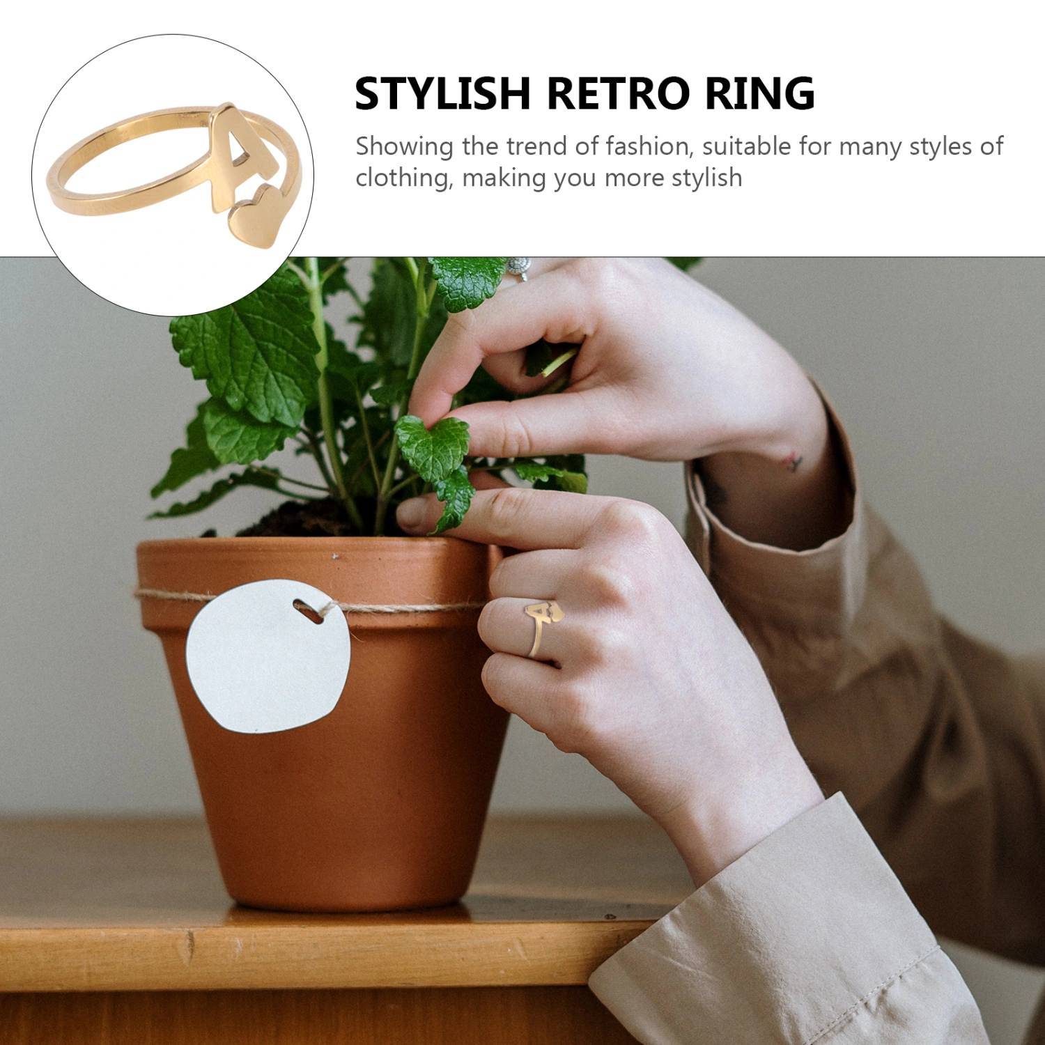 1PC English Initials Ring Simple Stainless Steel Ring Retro Girl Jewelry(Golden)