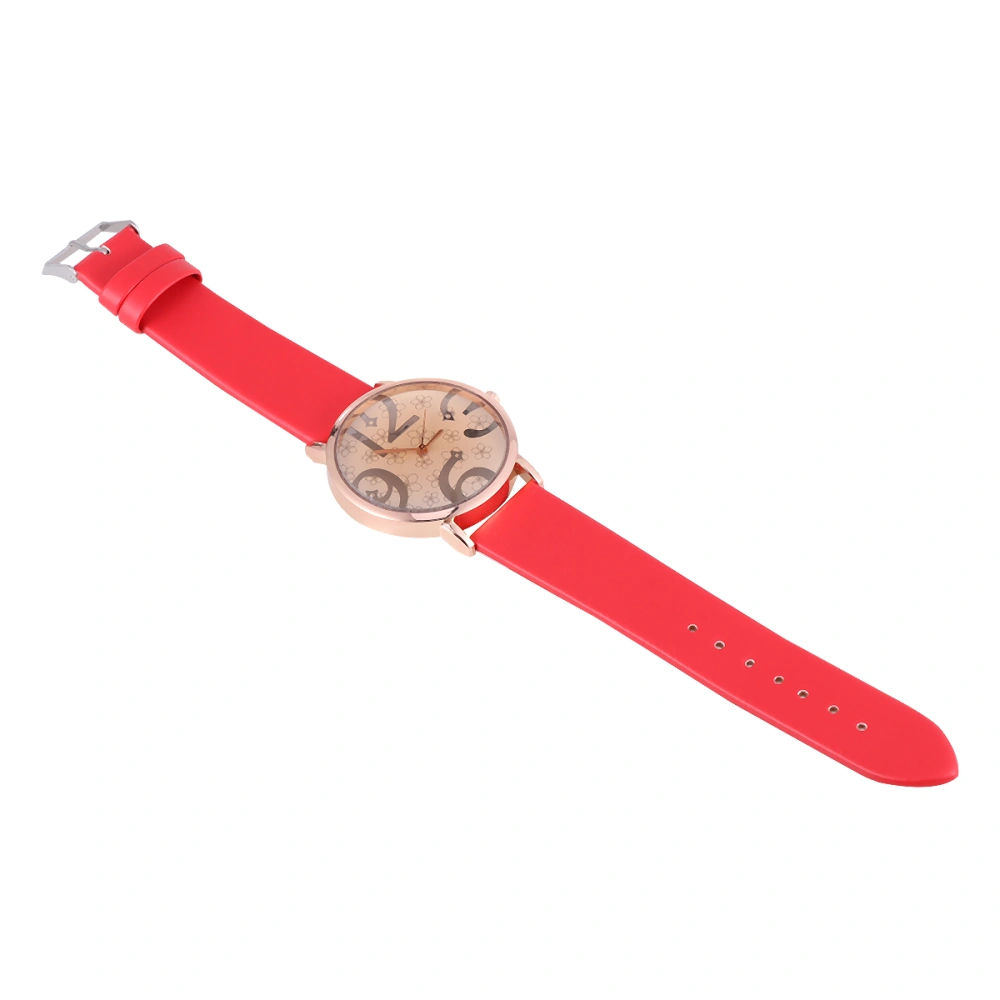 Fashion Round Watch Numeral Dial Quartz Watches PU Leather Strap Wrist Watch for Women (Red)