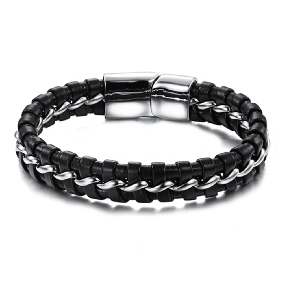 Black Leather Silver Tone Stainless Steel Braided Men's Bracelet Wristband Cuff Decoration